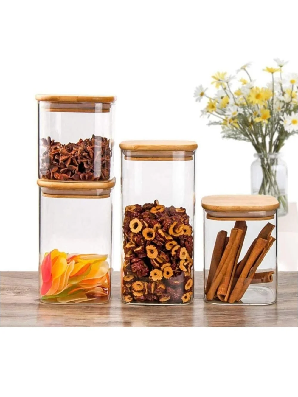 Bamboo Lid Plastic Storage Jars - Set of 4 (Natural Wood)